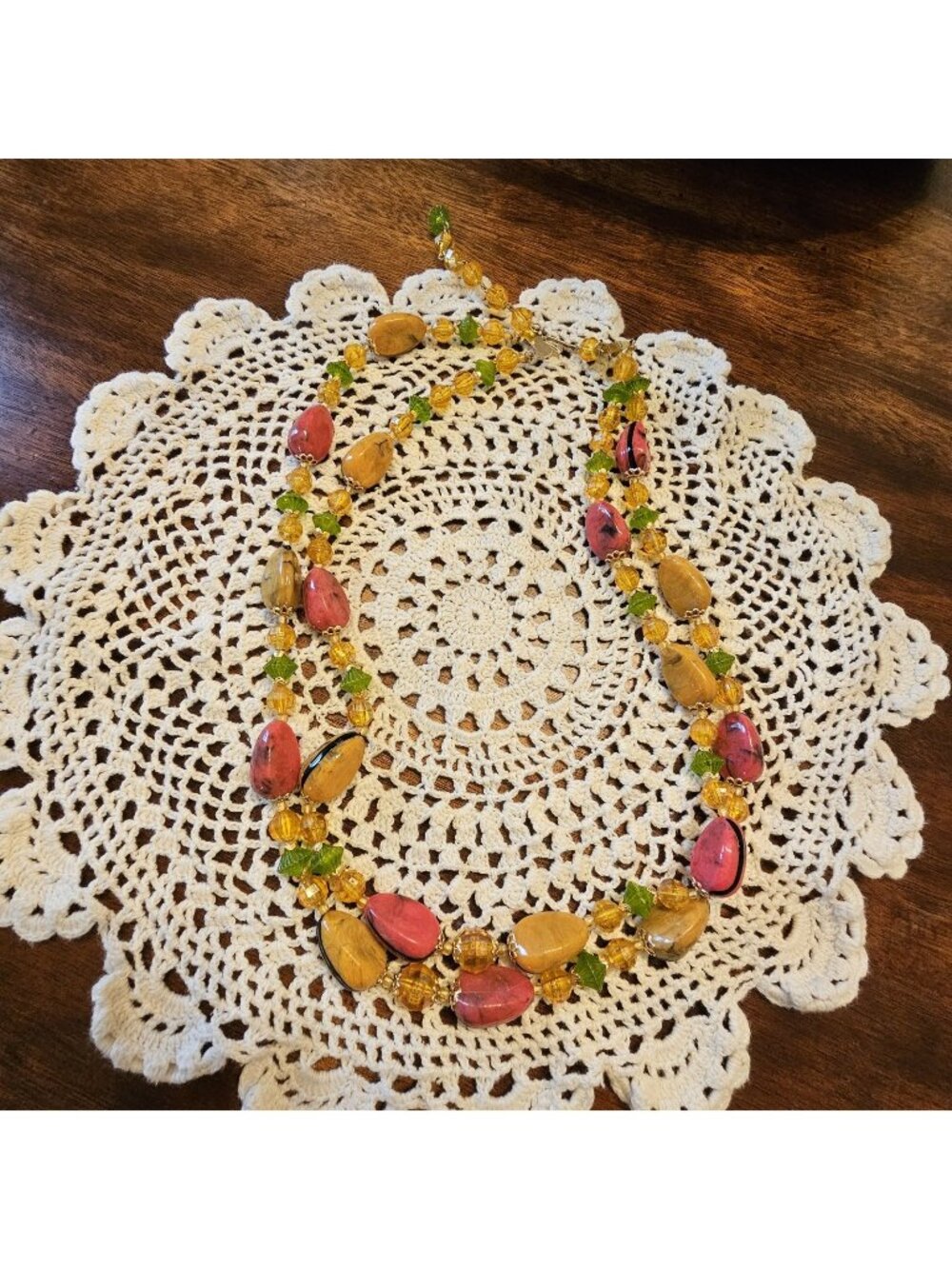 Vintage Lucite Beaded Necklace Pink, Yellow, Green Made In Hong Kong